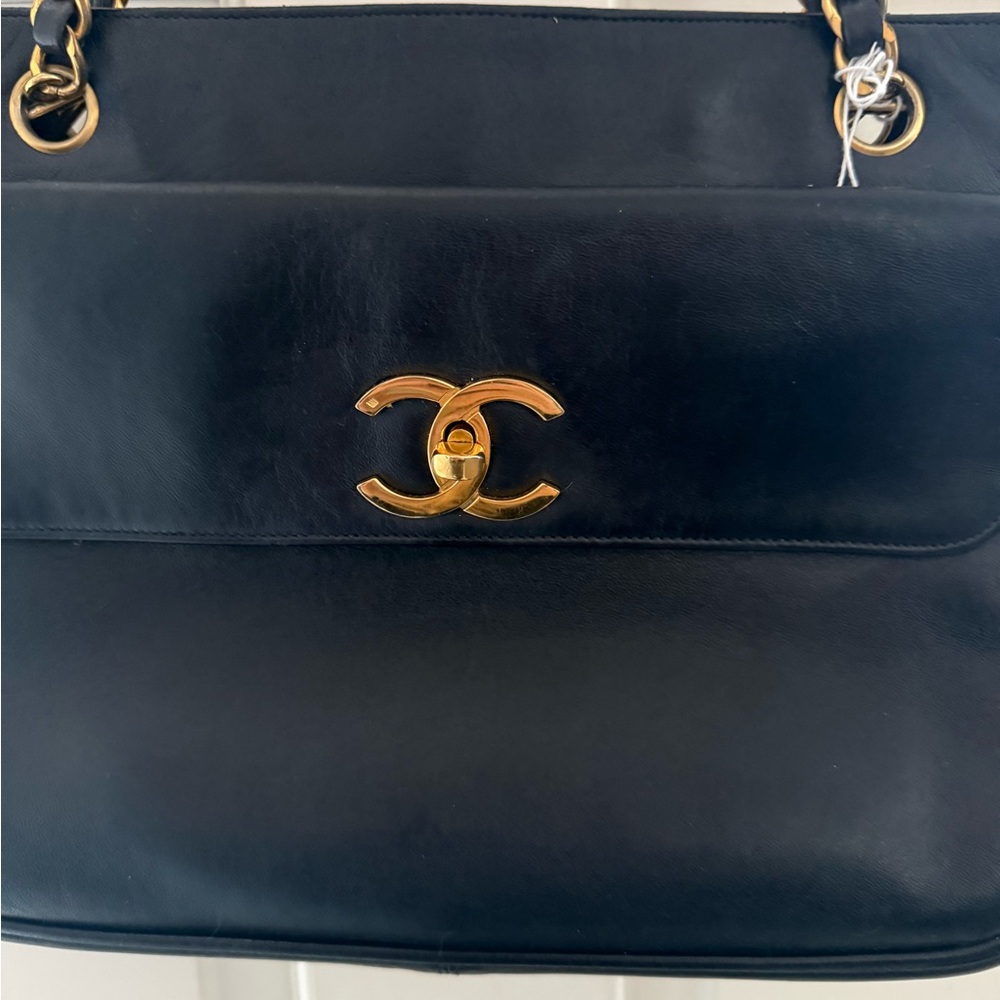CHANEL Vintage Coco Mark Chain Shoulder Tote -Black Leather Gold Hardware w/CoA - Picture 5 of 15